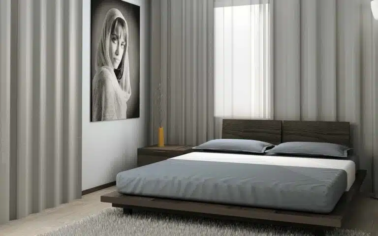 chambre design grise avec photo au mur