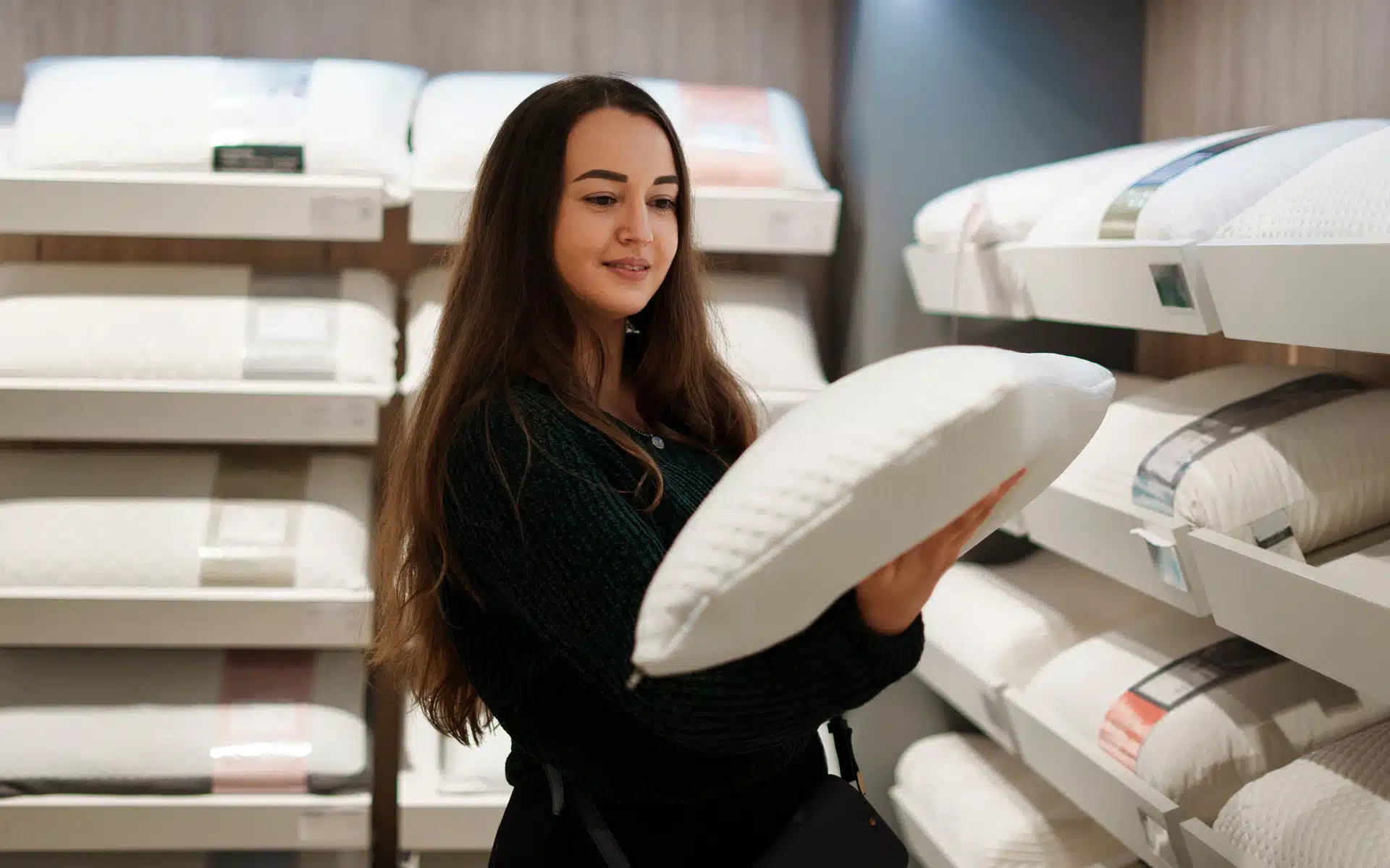 une femmecompare les oreillers dans un magasin