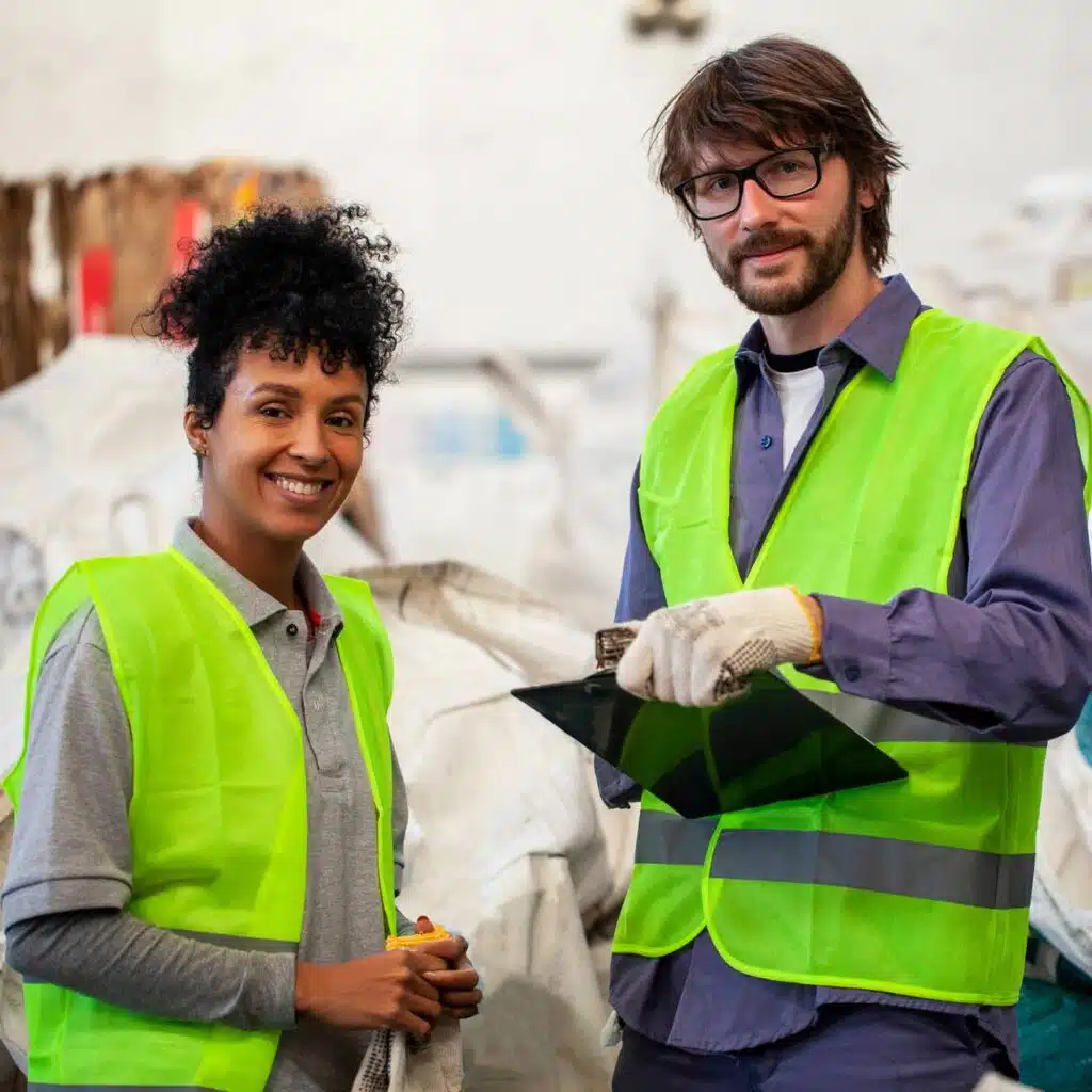 2 techniciens dans un centre de collecte de matelas