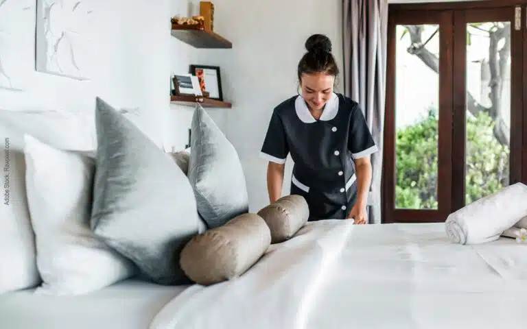 une femme de chambre prépare le lit dans un hôtel