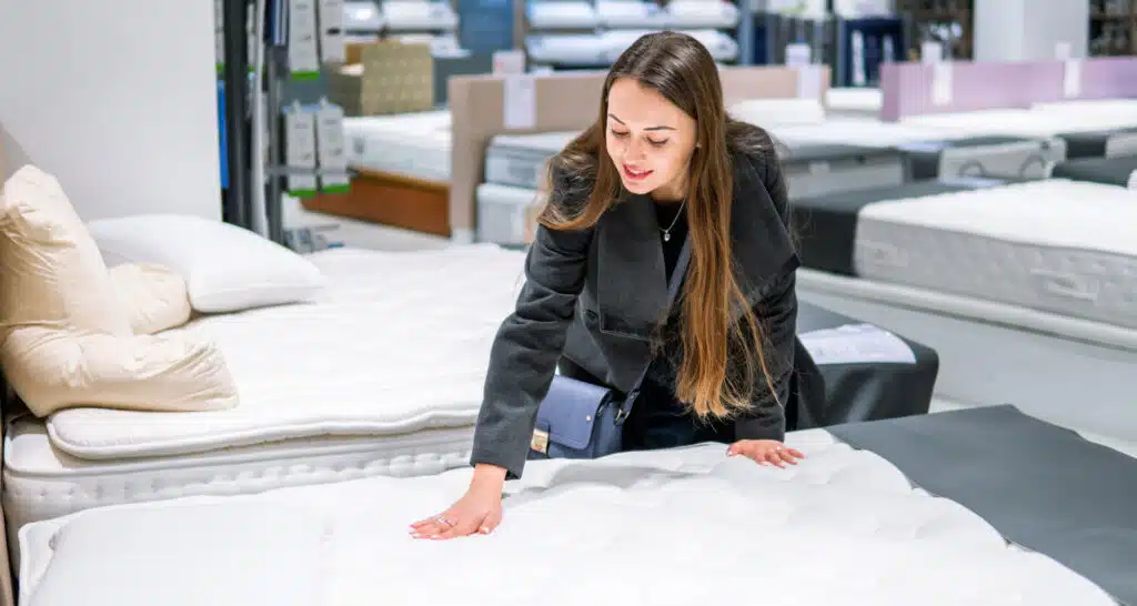 une consommatrice dans un magasin vérifie la qualité d'un matelas
