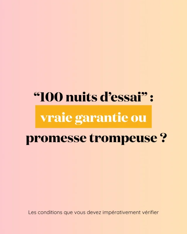 Tester son matelas chez soi pendant plusieurs semaines peut être une bonne chose. Mais attention, la fameuse mention « 100 nuits d’essai » n’est pas un droit prévu par la loi mais une offre commerciale, dont les conditions varient selon le vendeur 🛍️
Alors avant de cliquer sur « commander », prenez le temps de vérifier les conditions suivantes pour voir si elles vous conviennent réellement&nbsp;:👇
1️⃣ Quels produits sont réellement concernés&nbsp;? Matelas uniquement&nbsp;? Sommier inclus&nbsp;?
2️⃣ Faut-il attendre un certain nombre de nuits avant de demander un retour ou un échange&nbsp;? Certaines offres imposent une période minimale d’essai.
3️⃣ Qui paie le retour&nbsp;? Il peut être gratuit… ou impliquer des frais logistiques.
4️⃣ Dans quel état le matelas doit-il être rendu&nbsp;? Propre, sans tâche ni dégradation, parfois avec des conditions d’emballage précises.
5️⃣ Échange ou remboursement&nbsp;? Certaines offres permettent uniquement de changer de modèle, sans remboursement.
👉 Et surtout, même si cela peut paraitre beaucoup, 100 nuits ne viendront jamais remplacer un bon conseil.
Un matelas reste un produit technique, dont le confort dépend de votre morphologie, de votre position de sommeil et de vos préférences. L'essai en magasin, accompagné par un spécialiste, reste donc une étape essentielle pour comparer et trouver la perle rare qui saura répondre à vos besoins✨#parlonsliterie #mieuxdormir #mieuxchoisir #guideconso #sommeil